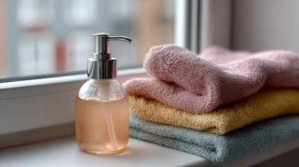Poster - Soft pastel towels are neatly stacked next to a stylish soap dispenser. The arrangement on a bright windowsill suggests a tranquil spa-like ambiance perfect for relaxation and self-care