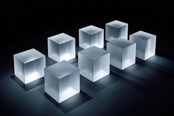 Aufkleber - 暗い背景に配置された透明な立方体 光沢のある正方形の形状とクールな青いトーン