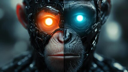 Poster - Futuristic digital photo of primate evolution into cybernetic organisms,showcasing transition from nature to advanced artificial intelligence,symbolizing technological progress,hybrid identity