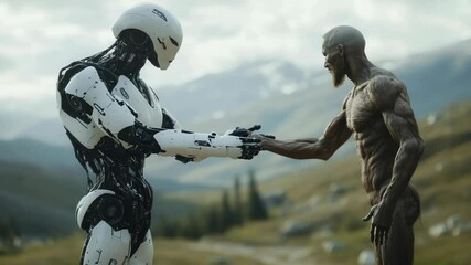 Poster - Two robotic figures reaching out to each other, symbolizing the bond and friendship between generations