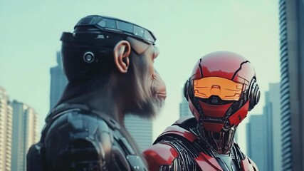 Poster - Futuristic digital photo of primate evolution into cybernetic organisms,showcasing transition from nature to advanced artificial intelligence,symbolizing technological progress,hybrid identity