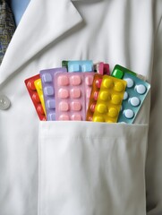 Poster - Pocket of Colorful Medicine Packs Highlights a Doctors Organized Approach to Patient Care in a Clinical Setting Generative AI