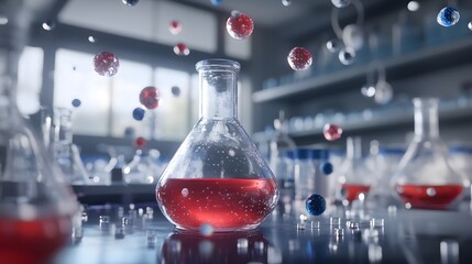 Poster - Floating spheres surrounding a laboratory flask filled with liquid.