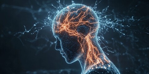 Leinwandbilder - A glowing neural representation of the human nervous system, with electric impulses symbolizing signal transmission between the brain and limbs