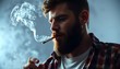 © Yusuf - he is on smoke break. smoking concept. mature brutal hipster in checkered shirt. casual fashion style. bearded man holding cigarette. harmful bad habits. unhealthy way of life isolated with white hi