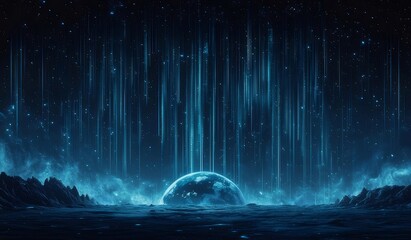 Poster - 青色発光宇宙空間に浮かぶ球体と光の線のデジタル抽象イラスト 夜空に輝く星と幻想的な雰囲気