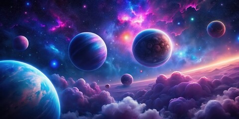 Wall Mural - Distant exoplanets in a galaxy surrounded by blue gas clouds