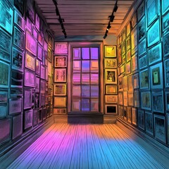 Poster - Vibrant Artistic Gallery Interior with Colorful Light Effects and Framed Artwork on Walls for Creative and Modern Design Environments