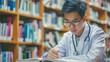 © olga_demina - Asian medical student studying in a library filled with books. Medical education and research background.