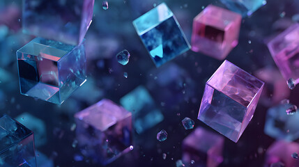 Poster - Floating Transparent Cubes An Abstract 3D Render With Reflections and Light Play Creating a Modern Futuristic Background With a Wallpaper Quality Design