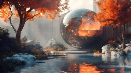 Poster - オレンジ色の紅葉と球体のオブジェがある庭園の風景画 水面に反射する光が美しい 自然とアートが融合した穏やかなシーン