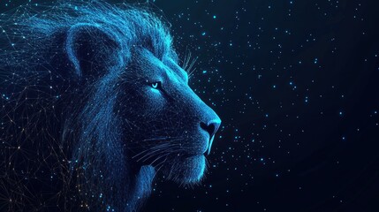 Poster - Abstract digital art of a lion's head in profile, rendered with glowing blue lines and particles on a dark background.