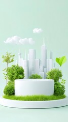 Poster - 環境保護の理念を表現した都市と緑の3Dイラスト 白い円形プラットフォームと緑の草木 青空と雲 背景は爽やかなパステルカラー