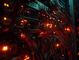 Poster - A close-up view of server hardware showcasing tangled wires and illuminated indicators, representing modern technology's complexity and power in data management and connectivity.