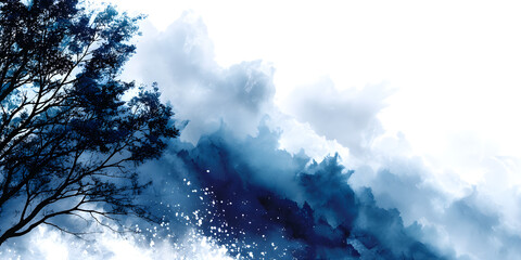 Poster - watercolor image of tree silhouettes on the side with blue haze.
