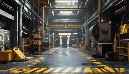 Poster - A spacious and well-organized industrial warehouse interior featuring machines, storage equipment, and safety markings. The lighting highlights the modern design and functionality.