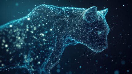 Poster - abstract polygonal cat, glowing lines and dots, dark background.