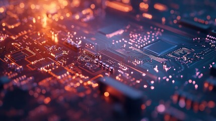 Fototapete - Close-up of a circuit board with glowing components.