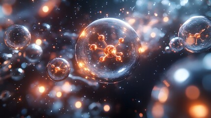 Poster - Abstract representation of molecular structures within transparent spheres.