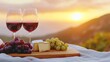 © Suphansa - Wine culture moments Elegant wine and cheese pairing at sunset, featuring grapes and scenic hills in the background.