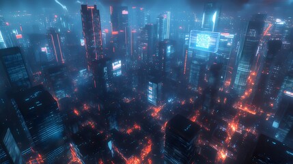 Poster - 暗い夜の都市景観 青と赤のネオンライトが輝く未来的な街並み