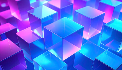 Poster - Luminous Abstract Background with Geometric 3D Shapes a Modern Wallpaper Design Featuring Translucent Cubes in Vibrant Purple and Blue Colors Ideal for Digital Art