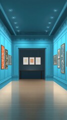 Poster - Modern art gallery interior with vibrant blue walls and elegant wooden flooring showcasing framed artworks in contemporary exhibit space