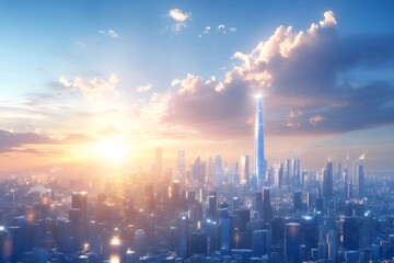 Poster - 夕焼け空の下の現代都市 高層ビルのシルエットと輝く光景 活気ある都市風景の美しいパノラマ