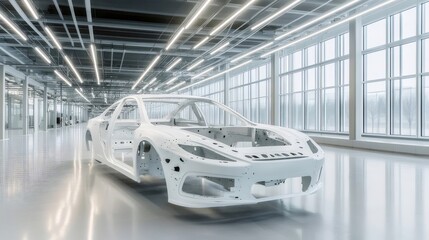 Aufkleber - 白い自動車フレームが明るい工場内で未来的なデザインを見せる