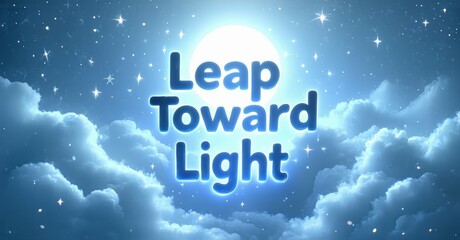Poster - Night scene features luminous text over clouds. Bright light emanates from behind fluffy formations. Stars sparkle within deep blue sky.