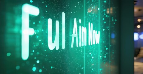 Fototapete - Bright text reads Ful Aim Now against textured teal background. Focus is sharp, creating modern aesthetic. Lighting emphasizes message.