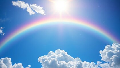 vibrant blue fantasy sky, fluffy white clouds, shimmering rainbow, sparkling stars , stars, shimmer
