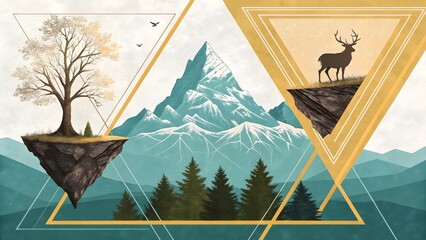 Poster - Abstract landscape with tree mountain deer and geometric shapes in a modern artistic style