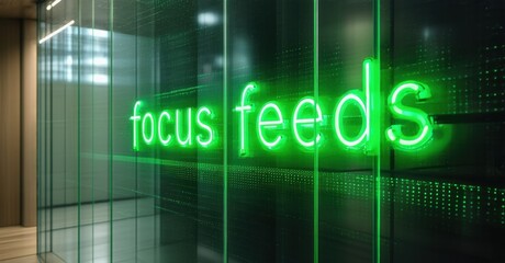 Poster - Bright neon sign displays focus feeds against glass wall. Interior space features digital patterns, modern design elements.