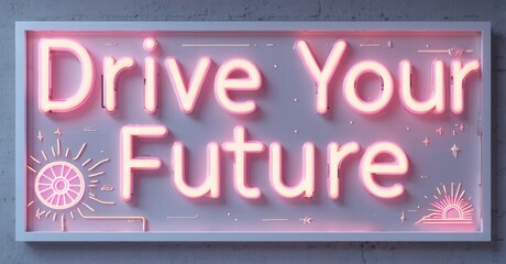 Poster - Pink neon sign displays motivational phrase. Rectangular shape, wall mounted, modern aesthetic. Subtle sun illustrations flank text.