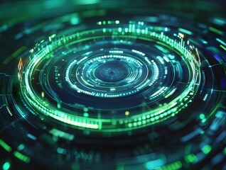 Aufkleber - 鮮やかな緑と青の円形テクノロジーデザインの抽象的な背景デジタルデータのビジュアル表現