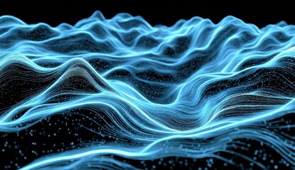 Poster - Glowing blue digital waves form abstract, flowing landscapes against a dark background, resembling futuristic data visualization.