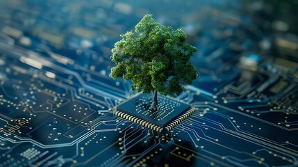Aufkleber - 電子回路基板上の生命の木 デジタル技術と自然環境の調和 光と影が織りなす未来的なビジョン