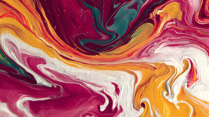 Poster - Captivating Crimson Gold White Abstract Swirls An Artistic Wallpaper Depicting Fluid Acrylic Paint Mixing Creating A Mesmerizing Effect Ideal For Modern Design