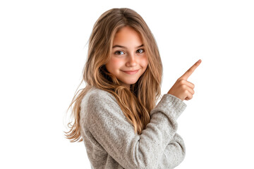 Poster - Smiling young girl in a cozy sweater pointing to the side, isolated on a transparent background