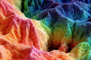 Poster - A vibrant, abstract 3D landscape featuring colorful, pixel-like columns forming a mountainous terrain in rainbow hues.