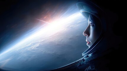 Poster - Cosmic journey of an astronaut gazing at Earth from the spacecraft window in stunning detail