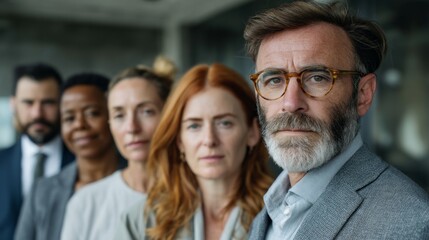 Aufkleber - Five focused professionals stand confidently, ready to tackle their goals in a contemporary workspace. Their expressions reflect determination and ambition