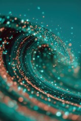 Fototapete - Abstract digital wave with glowing turquoise and orange particles swirling in a dynamic motion on a teal background.