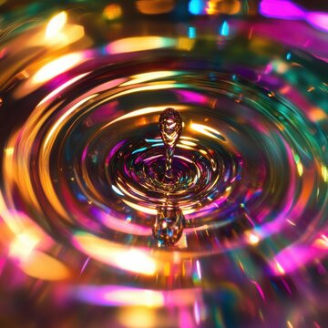 Holographic drops spin, creating chromatic shimmer, background hue