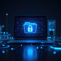 Poster - laptop displaying digital lock icon symbolizes cybersecurity and data protection. glowing blue elements create futuristic atmosphere