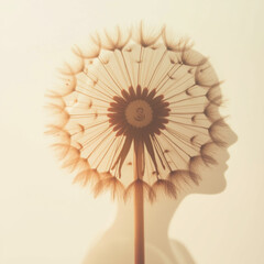 Poster - delicate silhouette of person is formed by dandelion, creating serene and artistic composition. soft, warm tones evoke sense of tranquility