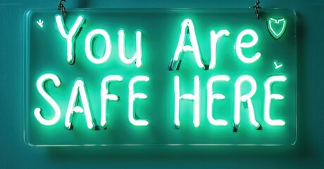 Fototapete - Bright neon sign displays positive message. Turquoise glow contrasts dark background. Simple typography evokes comfort, security.