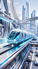 Aufkleber - 未来都市の高速鉄道 高層ビル群と青い光を放つ電車 現代的な交通インフラ