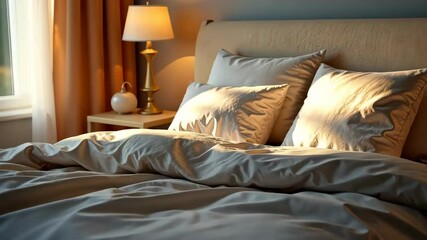 Fototapete - Cozy bedroom illuminated by soft morning light through sheer curtains
